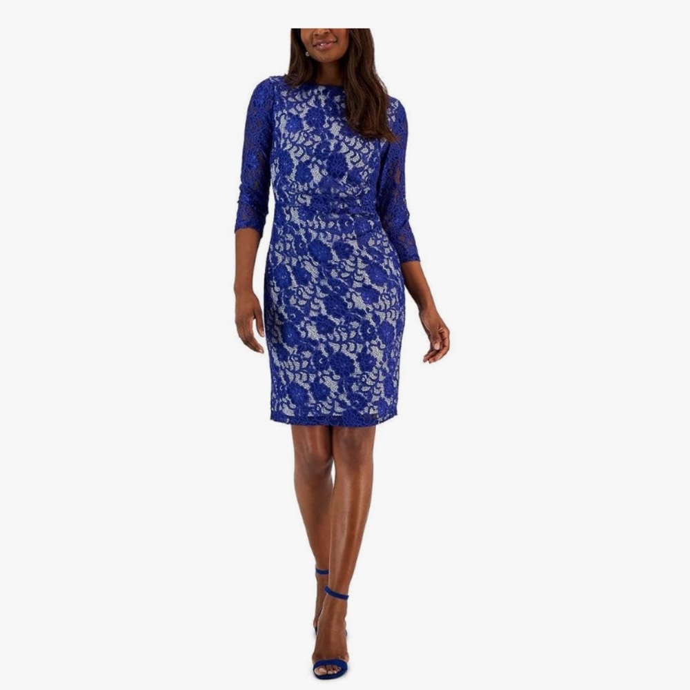 NWT Kasper Women's Laurissa Knee-Length Lace Sheath Dress, Blue